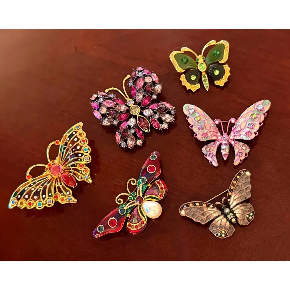 Vintage Joan Rivers Butterfly Pins • Set of 6 • Plique A Jour • Rhinestone • En